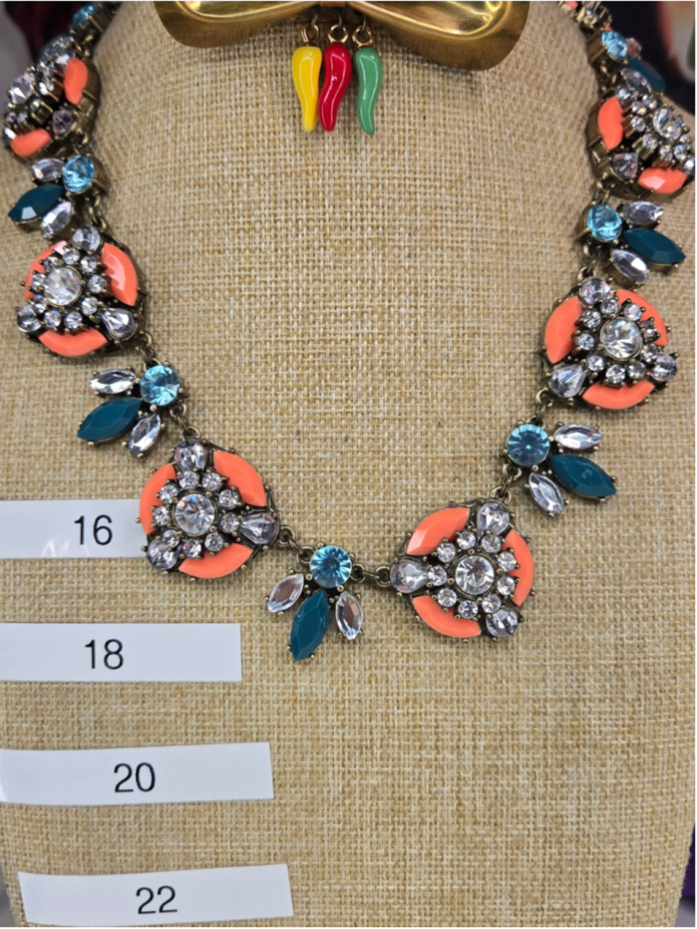 Vintage Joan Rivers Statement Necklace Orange Teal Glass Crystals Luxury Floral
